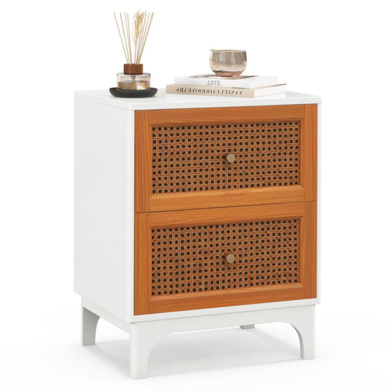 Hivvago Boho Accent Table Nightstand with 2 Handwoven Rattan Decorated Drawers-White