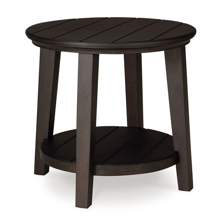 Liu Side End Table w Bottom Shelf, 26 Inch Round Cherry Brown Plank - Benzara