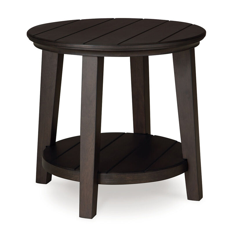 Liu Side End Table w Bottom Shelf, 26 Inch Round Cherry Brown Plank - Benzara