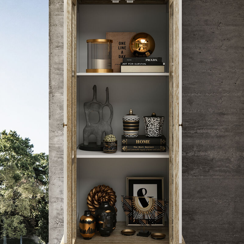 FUFU&GAGA Modern Tall Kitchen Pantry Cabinet with Glass Doors and Drawers for Dining Room Storage, (23.6" W x 73" H x 15.7" D), White & Brown