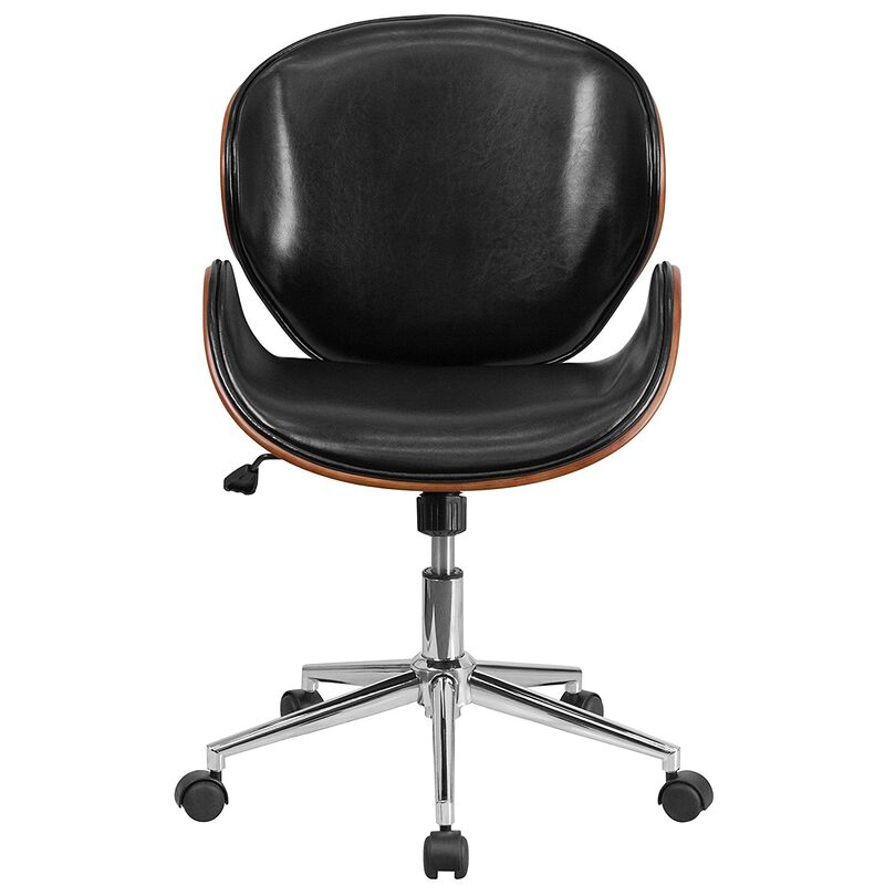 Hivvago Mid-Back Walnut / Black Faux Leather Office Chair with Curved Bentwood Seat