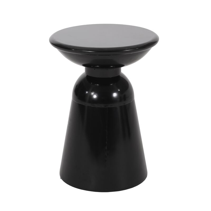 Suma Outdoor End Table, Round 15 Inch Top, Pedestal Base, Black Iron - Benzara