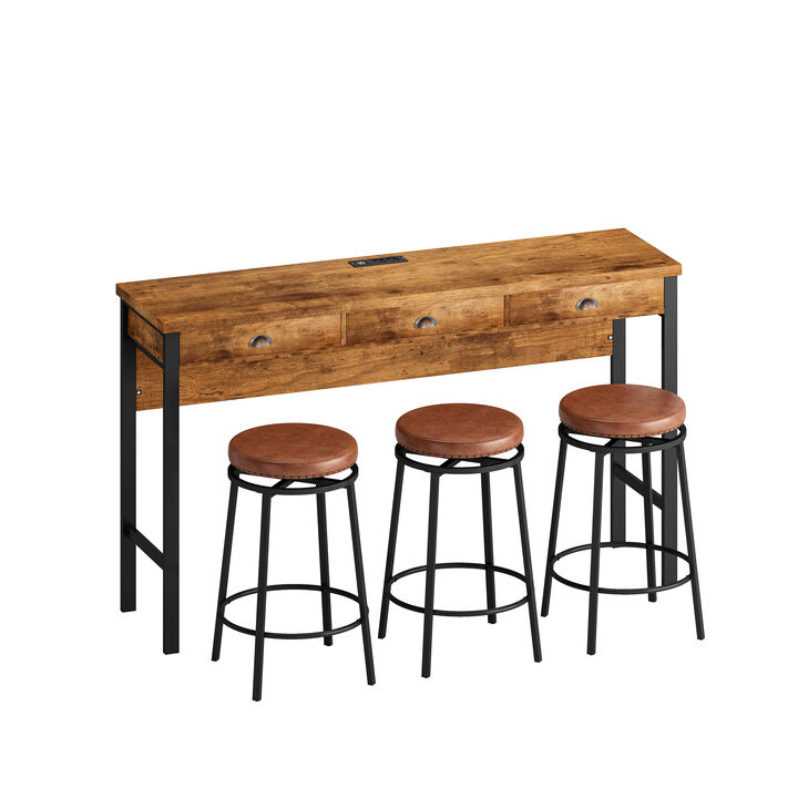 3-Drawer Long Dining Table Set with Power Outlets & Bar Kitchen Table Set with Circular PU Stools, Easy Assemble