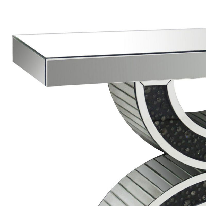 Wood and Mirror  Console Table with Geometric Style Base, Clear and Black-Benzara