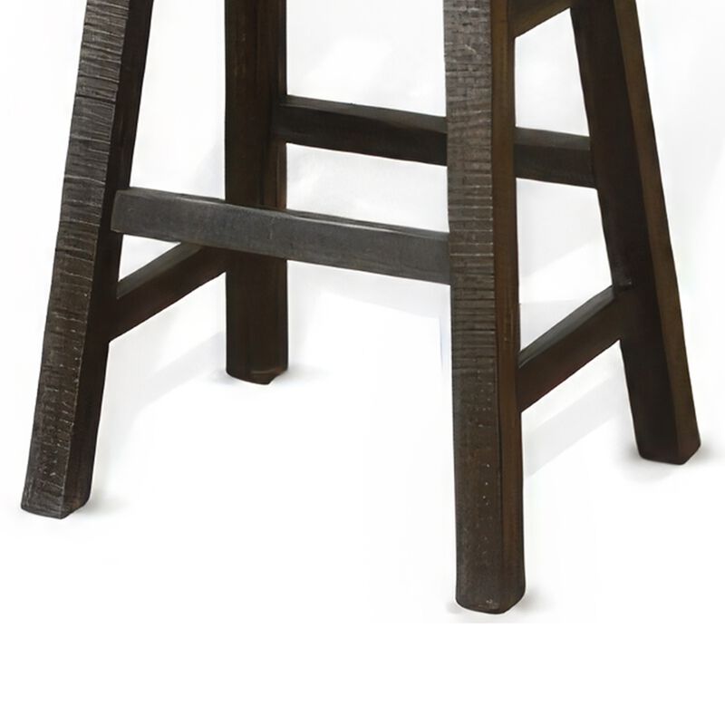 Flint Barstool Set of 2, Saddle Seat, Distressed Dark Brown Mahogany - Benzara