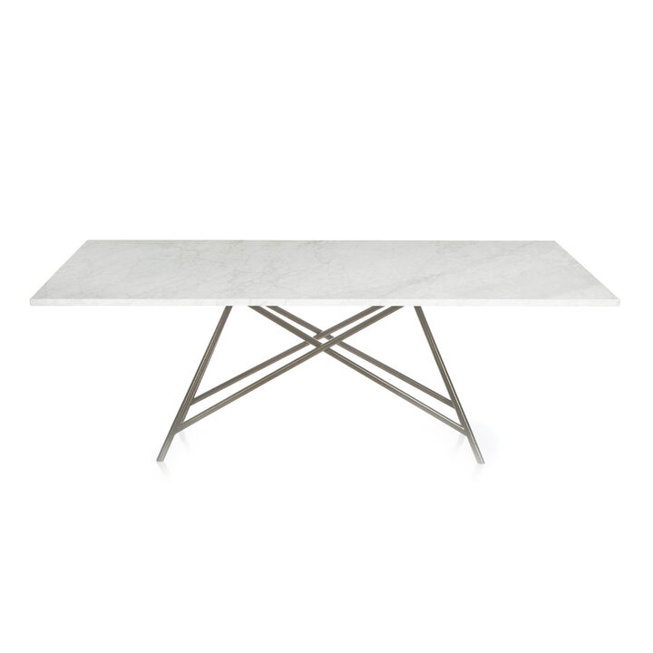 Levi 80 Inch Rectangular Carrara Marble Dining Table, Steel Legs, Chrome - Benzara