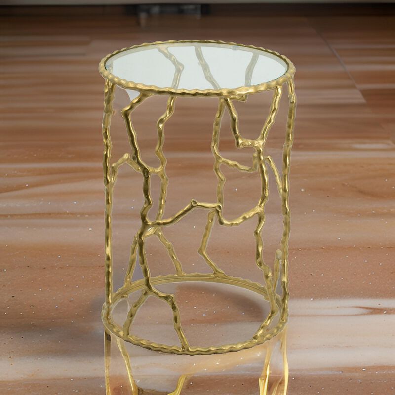 24 Inch Round Accent Table, Intricate Metal Twig Inspired Open Frame, Gold - Benzara