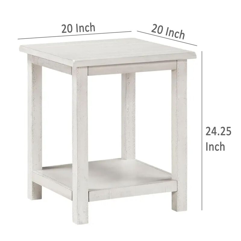 Ayne Side End Table, 1 Bottom Shelf, White Wood Frame, Square 20 Inch - Benzara