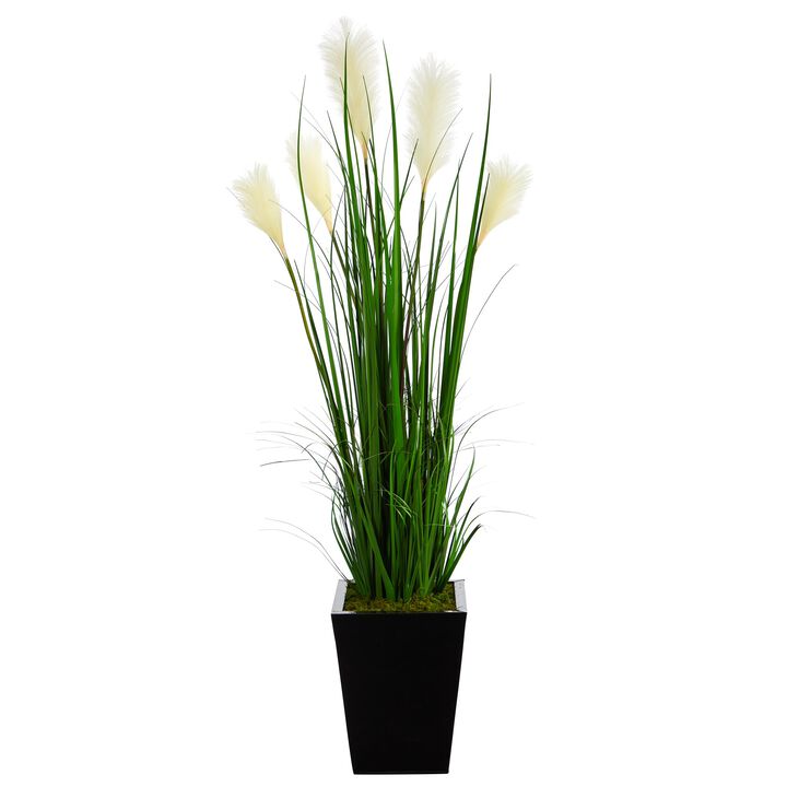 Hivvago 4.5" Wheat Plum Grass Artificial Plant in Black Metal Planter
