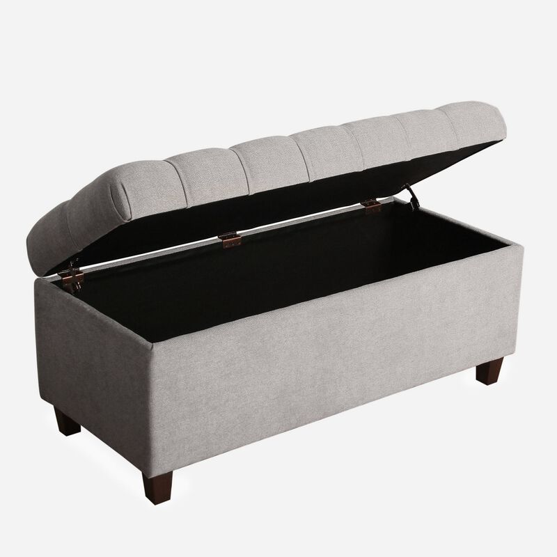 Fabric Upholstered Button Tufted Wooden Bench With Hinged Storage, Gray and Brown - Benzara