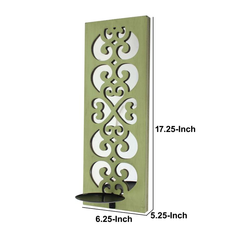 Quatrefoil Pattern Wooden Candle holder with Mirror Insert, Green - Benzara