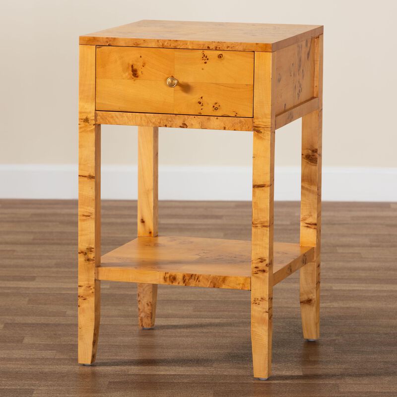 bali & pari Ghina Modern and Contemporary Natural Light Mappa Burl Wood 1 Drawer Nightstand