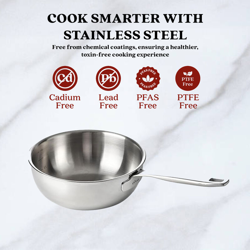 Alva Maestro 5-Ply Stainless Steel Saucier Pan 1.6 Qt. Lasered Measurement, Scratch Resistant Pot with Stay Cool Handle, Non Toxic, Compatible with All Stovetops, Oven Safe & Induction Safe