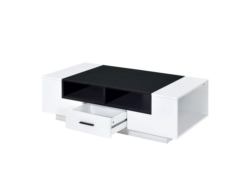 Contemporary Coffee Table with Drawer and Open Compartment, Black and White-Benzara