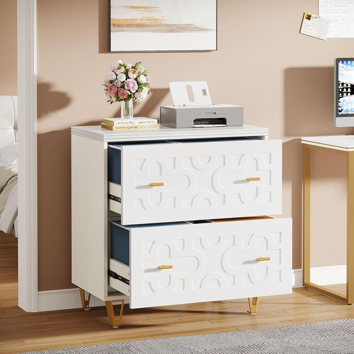 Lateral File Cabinet with 2 Drawers, Modern White Filing Cabinet for Legal/Letter/A4 Size, Large Storage Filing Cabinet Printer Stand for Home Office