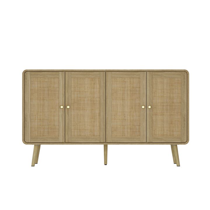 FUFU&GAGA Rattan Sideboard, Modern Buffet Cabinet with 4 Doors, Gold Handles & Solid Wood Legs, Storage Cabinet for Dining Room, Living Room & Entryway (55.1" W x 32.1" H x 13.9" D), Natural Wood