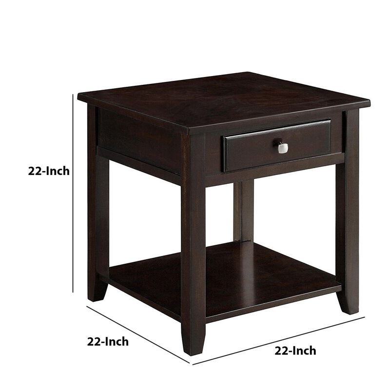 Wooden End Table With Drawer and Bottom Shelf, Walnut Brown-Benzara