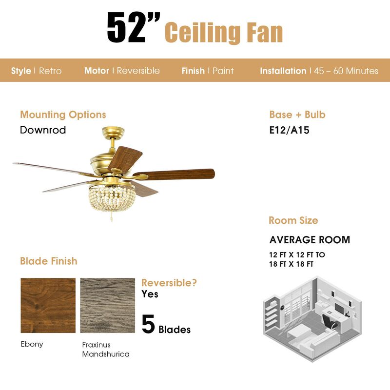 52 Inch Retro Ceiling Fan Light with Reversible Blades Remote Control
