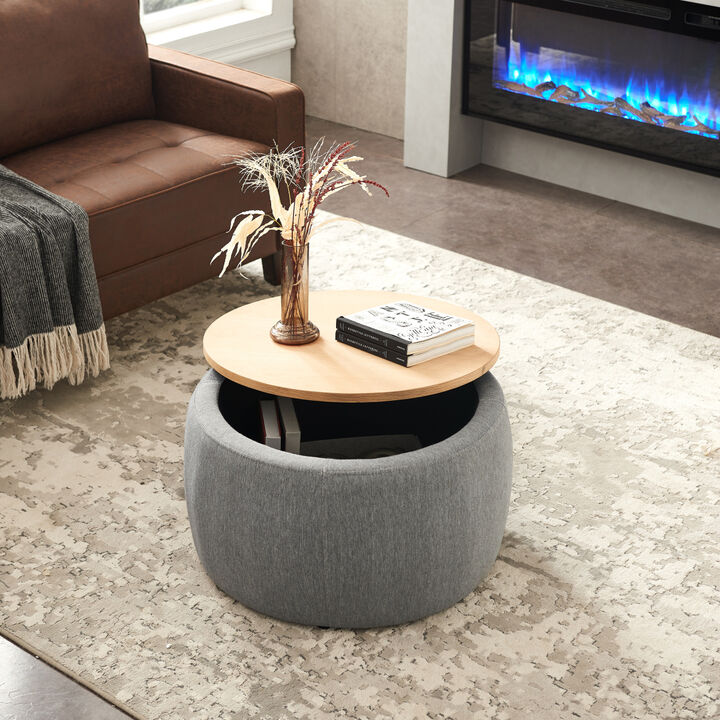 Round Storage Ottoman, 2 In 1 Function, Work As End Table And Ottoman, Dark