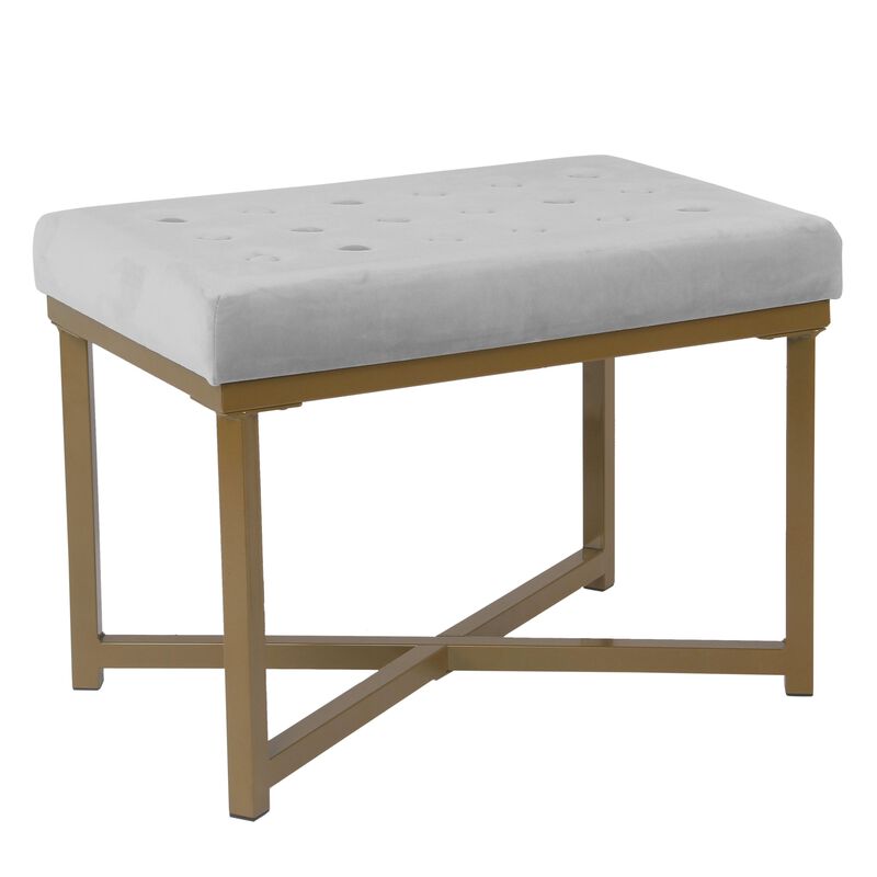 Metal Framed Ottoman with Button Tufted Velvet Upholstered Seat, Light Gray and Gold - Benzara