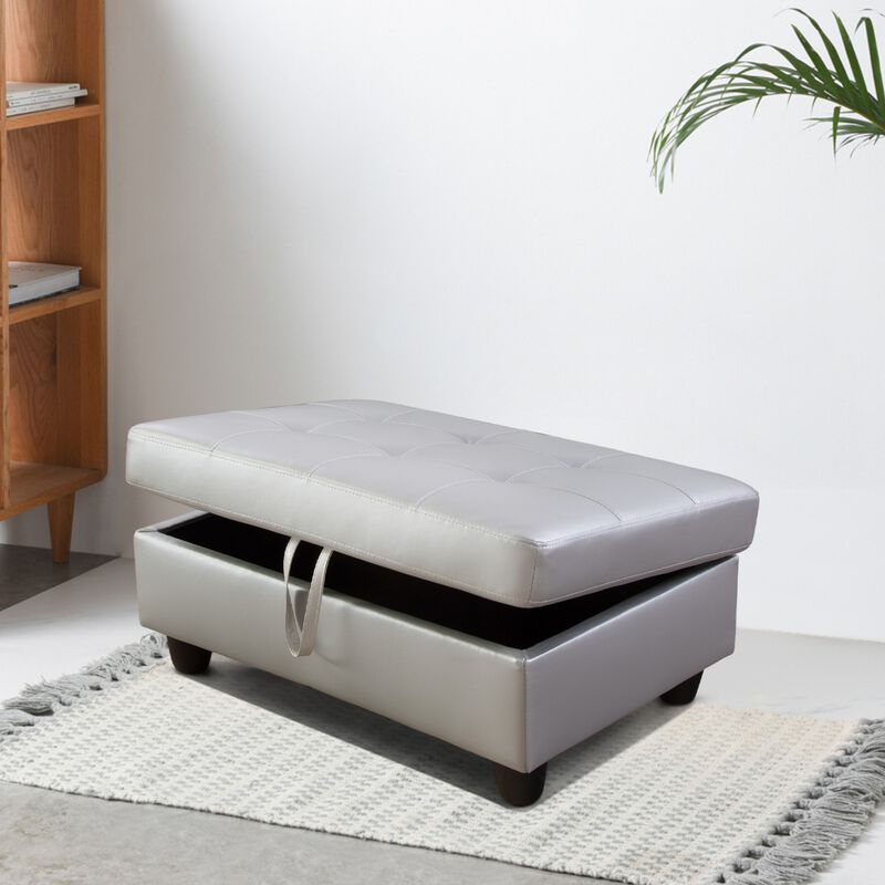 34 in. W Silver Faux Leather Rectangle Ottoman with Storage