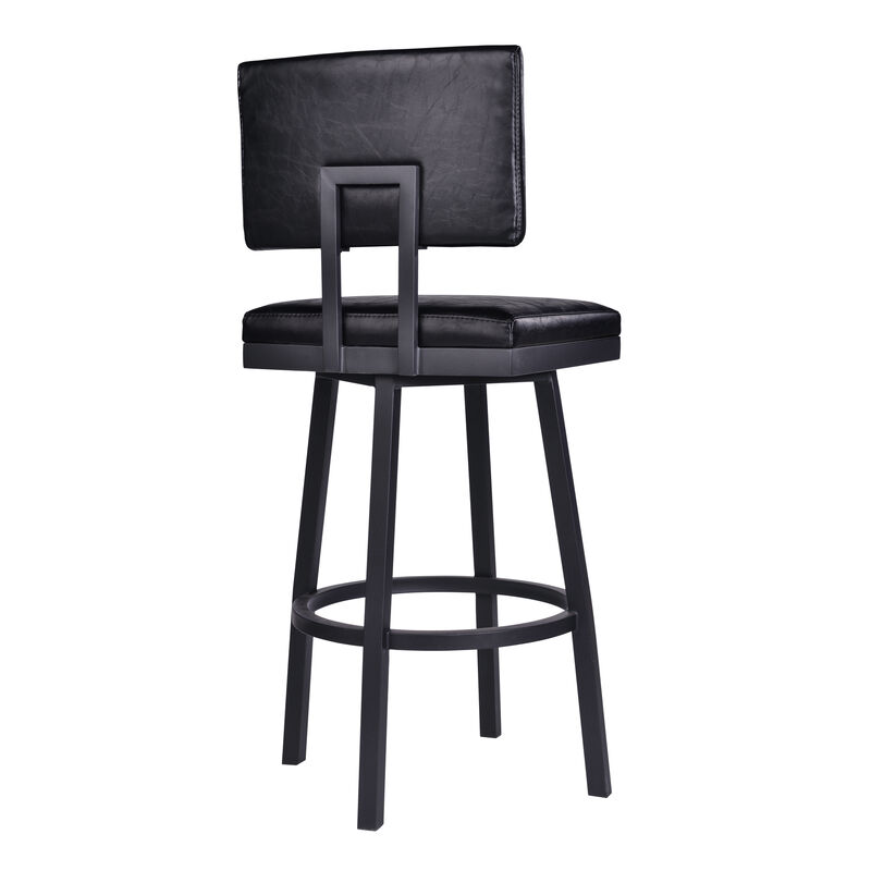 Balboa  Counter Height Swivel Vintage Black Faux Leather and Metal Bar Stool with Arms