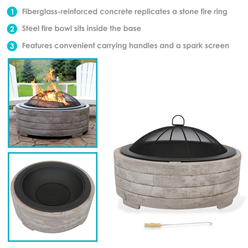 Sunnydaze 35 in Faux Stone Fire Pit with Handles and Spark Screen