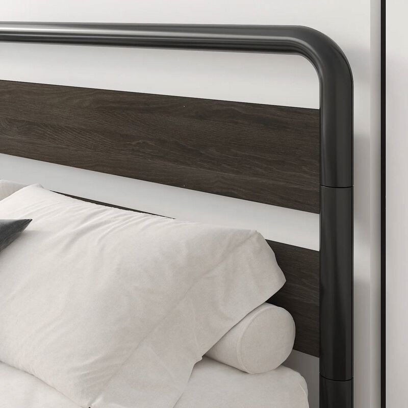 QuikFurn Full Heavy Duty Round Metal Frame Platform Bed with Black Wood Panel Headboard