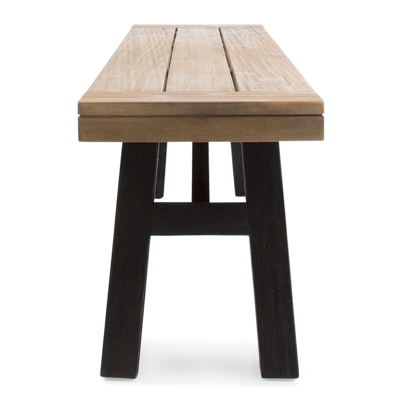 Wren Outdoor Bench with Slatted Top, 63 Inch Brown Acacia Wood, Black - Benzara