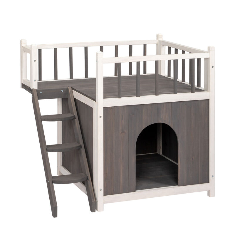Wooden Outdoor Cat House with Stairs, 2-Tier Weatherproof Pet Shelter