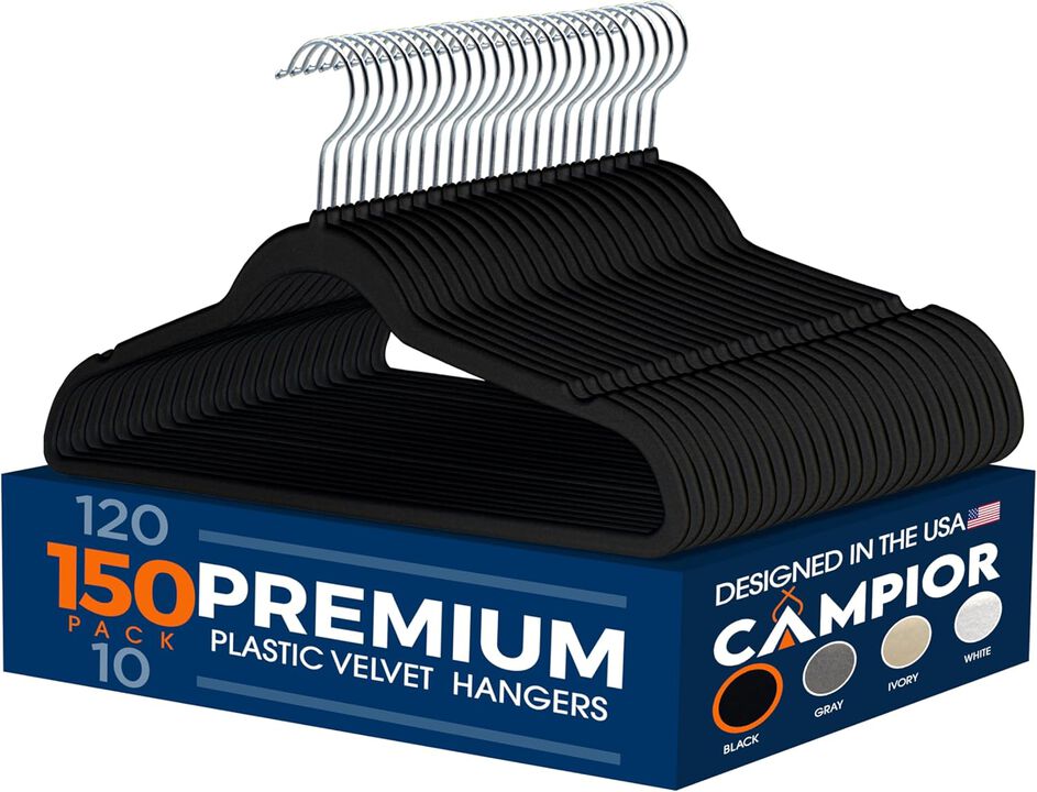 Premium Velvet Non-Slip Hangers for Clothes - Heavy Duty Coat Hanger Set with 360° Swivel Hook, Lightweight, Luxurious Velvet Finish, Versatile Hangers for Any Closet, Pack of 150 - Black