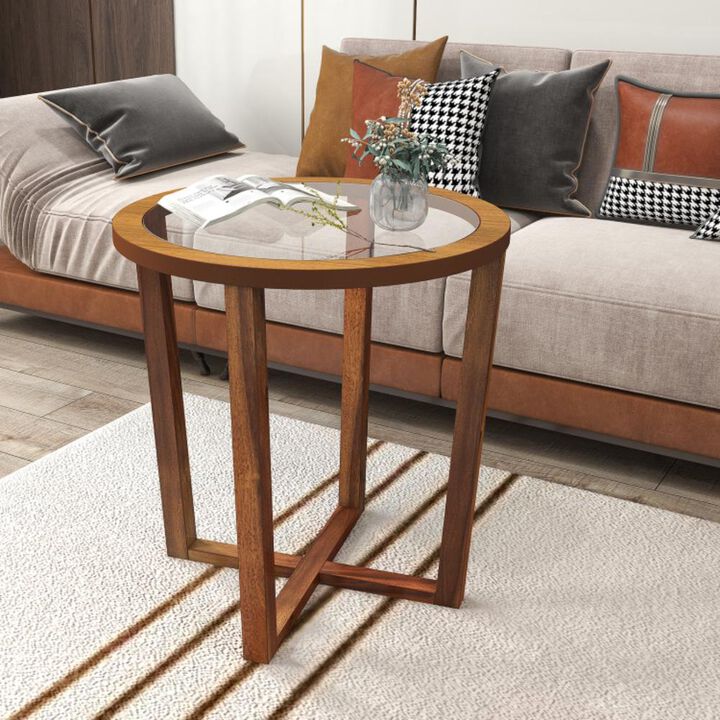 Hivvago Modern Round End Table Sofa Side Table with Transparent Tempered Glass Top-Brown