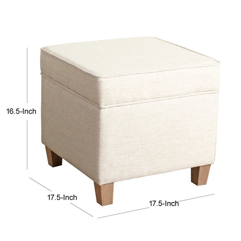 Square Shape Fabric Upholstered Ottoman with Lift Off Top and Wooden Tapered Feet, White and Brown - Benzara