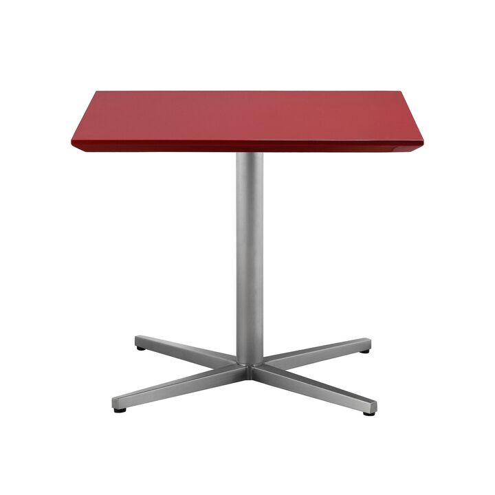 Eva 24 Inch Side End Table, Square Red Lacquer, Crossed Chrome Steel - Benzara