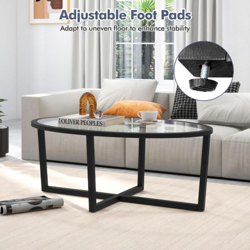 Hivvago Glass Coffee Table Oval Living Room Table with Cross Base and Acacia Wood Legs