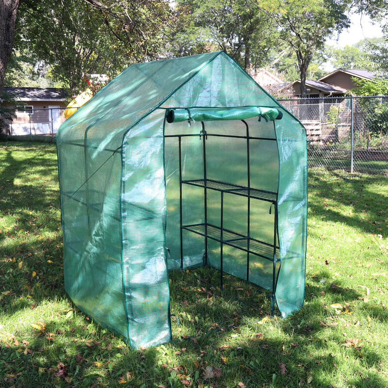 Sunnydaze Large Iron PE Cover Walk-In Greenhouse with 4 Shelves - Green