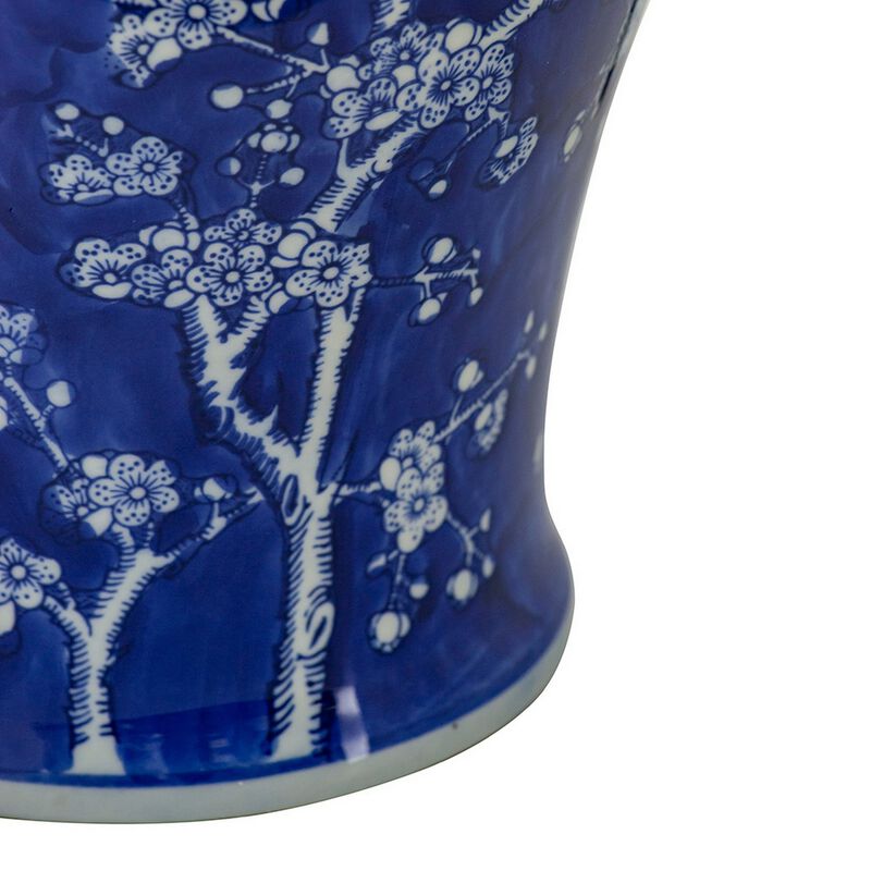 18 Inch Porcelain Ginger Jar, Finial Lid and Round Curved, Blue Flowers-Benzara