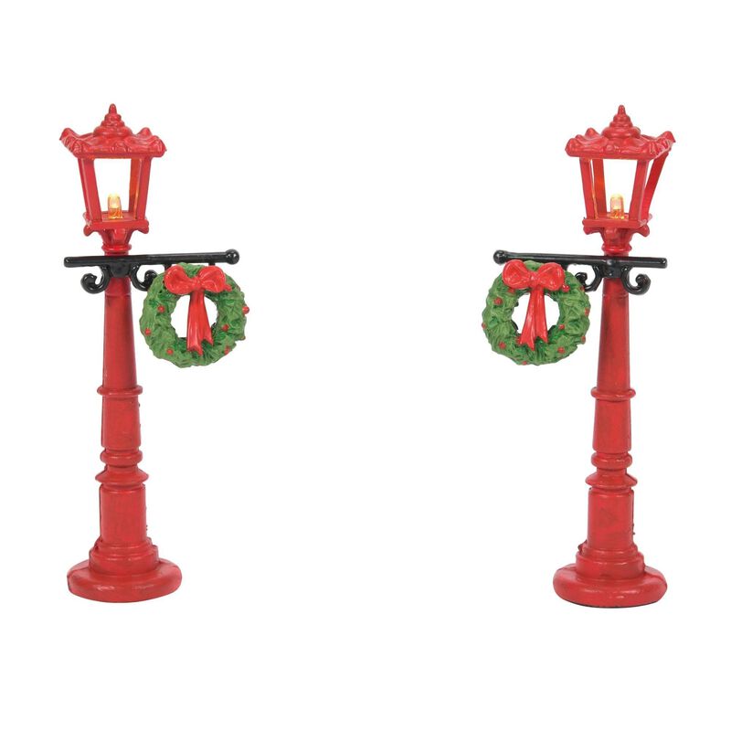 Dept 56 Set of 2 Red Christmas Village Street Lights with Wreaths