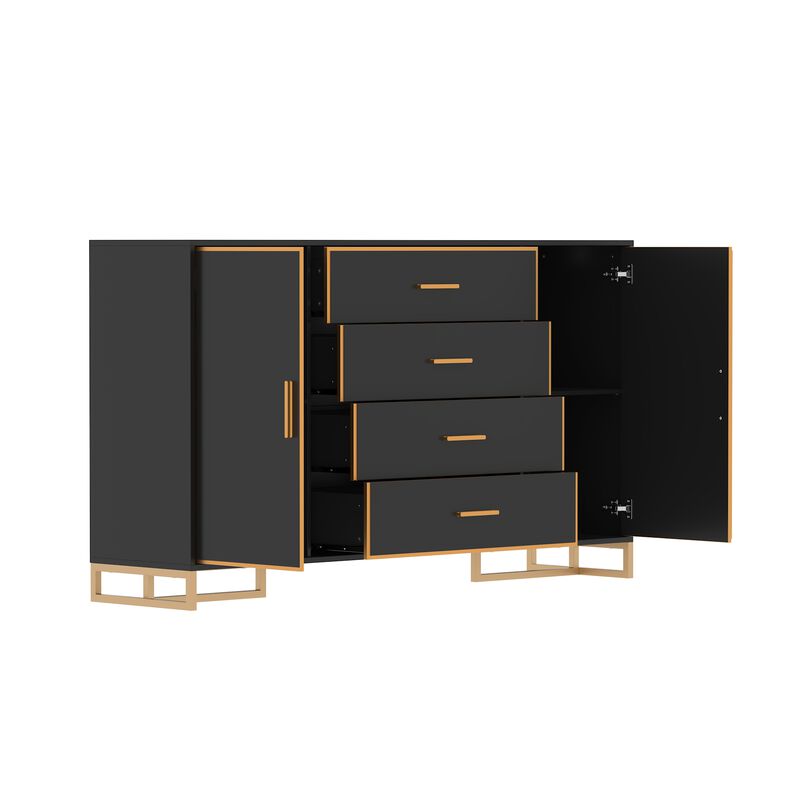 FUFU&GAGA Modern 4-Drawer Storage Cabinet with Gold Accents, Adjustable Shelves, Black Finish (63" W x 36.6" H x 15.7" D),Black
