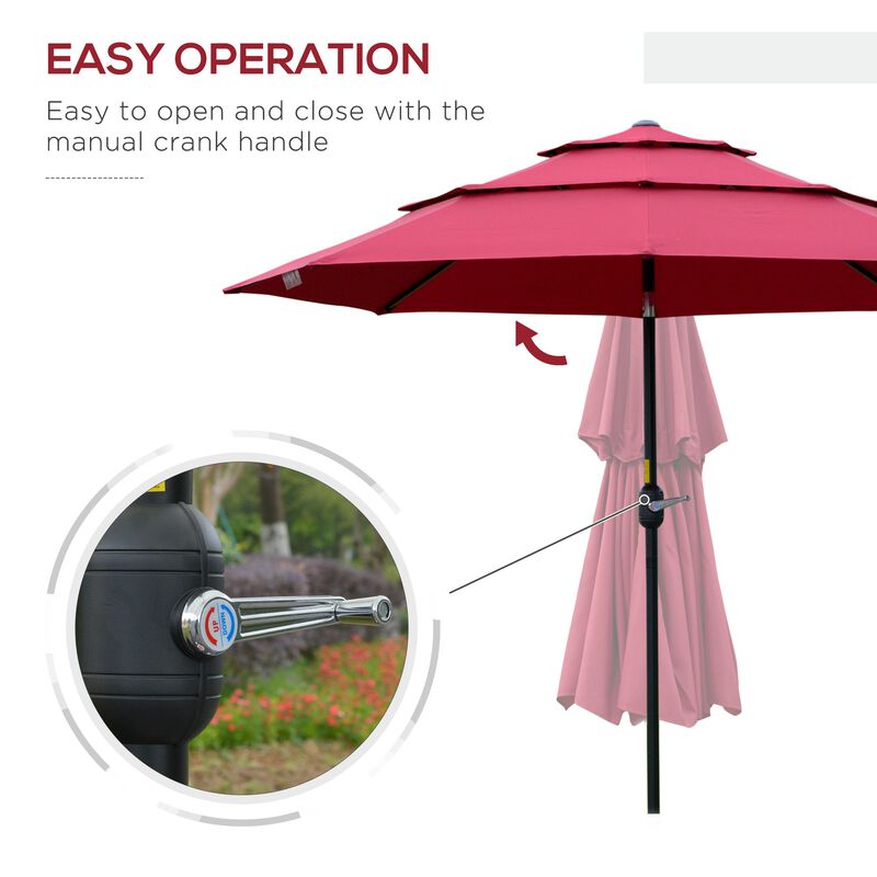 Wine Red Sun Shield: 9' 3-Tier Patio Umbrella with Crank Tilt
