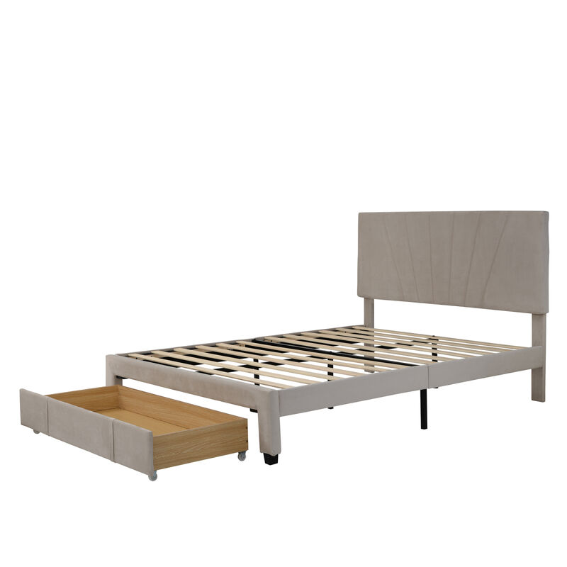 Queen Size Storage Bed Velvet Upholstered Platform Bed with a Big Drawer