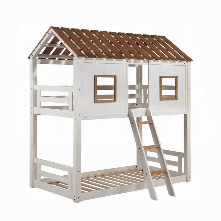 Nara Twin Size Bunk Bed, House Design with Ladder, White Rustic Wood - Benzara