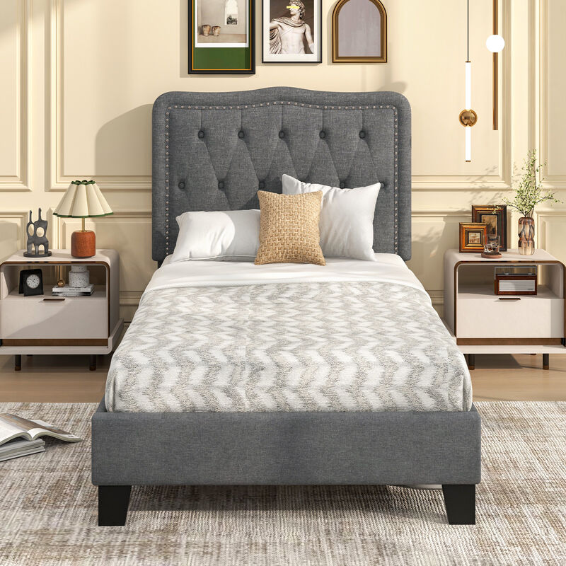 Bed Frame with  Tall Button Tufted Headboard