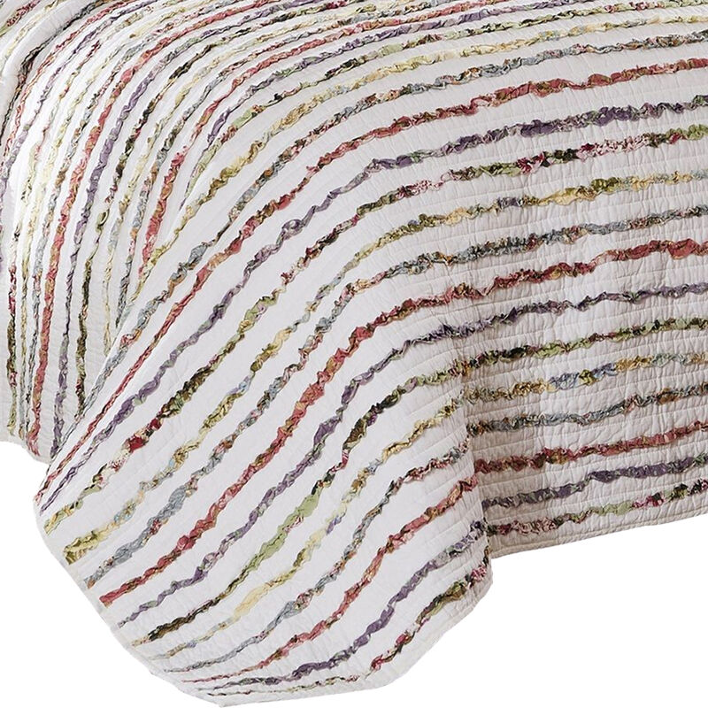 Five Piece King Size Cotton Quilt Set with Sewn Floral Ruffles, Multicolor - Benzara