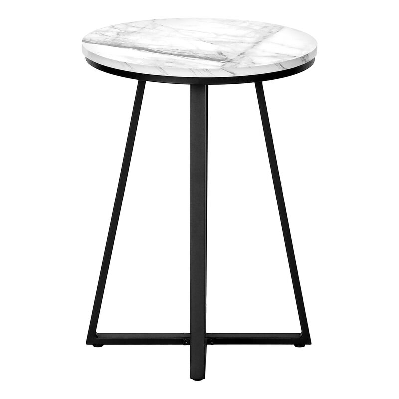 Monarch Specialties I 2178 Accent Table, Side, Round, End, Nightstand, Lamp, Living Room, Bedroom, Metal, Laminate, White Marble Look, Black, Contemporary, Modern