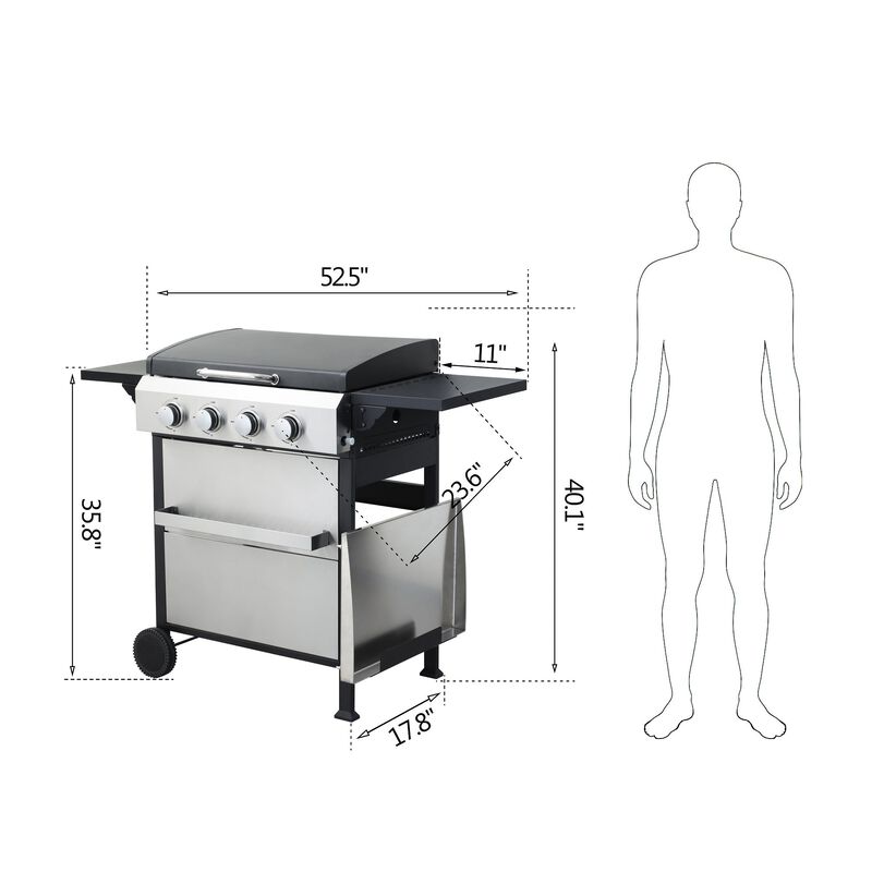 MONDAWE 4-Burner Propane Gas BBQ Grill, SS Plancha, 49200BTU Output With Wire Enamel Cooking Grids For Outdoor Barbecue, Foldable Side Table, Hanging Basket, Stainless Steel