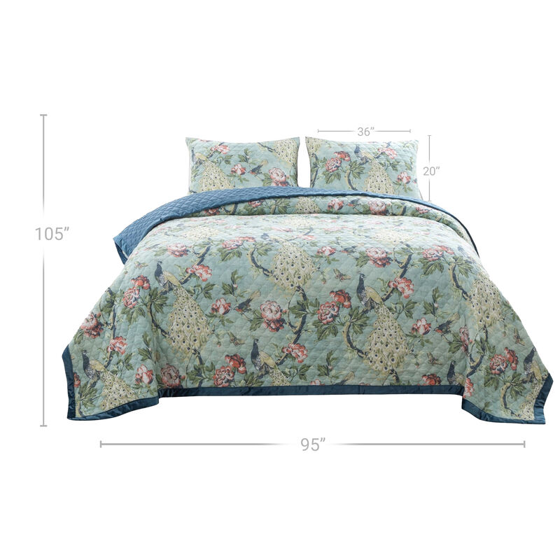 Eden 3 Piece King Quilt Set, Peacock Print, Green Microfiber - Benzara