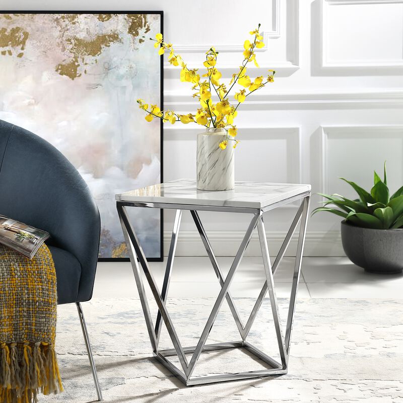 Inspired Home Isaan Marble Top End Table with Stainless Steel Metal Base
