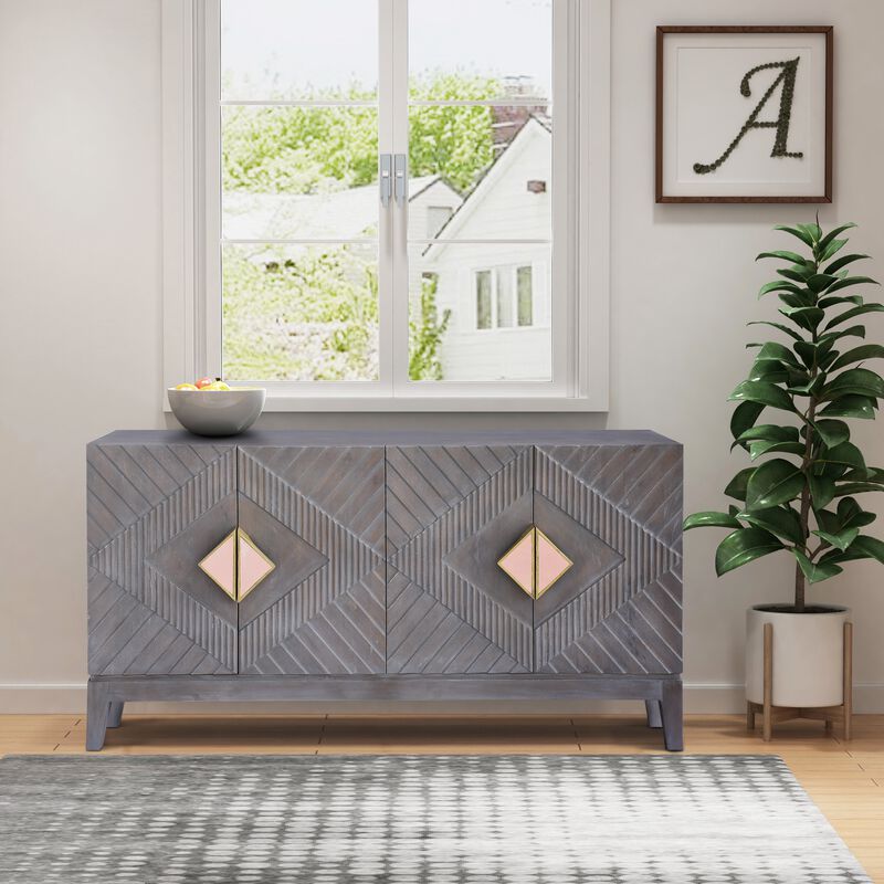Abiel 55 Inch Mango Wood Sideboard Buffet Cabinet Console, 4 Doors, Inner Shelf, Ornate Diamond Carving, Gray-Benzara