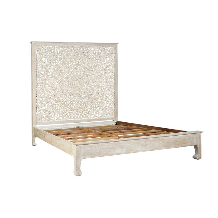 Taran Designs Auden Floral Carved Solid Wood Queen Panel Bed